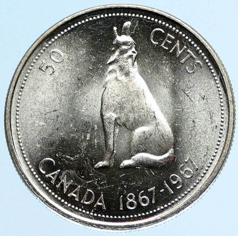 1967 CANADA UK Queen ELIZABETH II Wolf Howls Vintage Silver 50 Cents Coin i97871