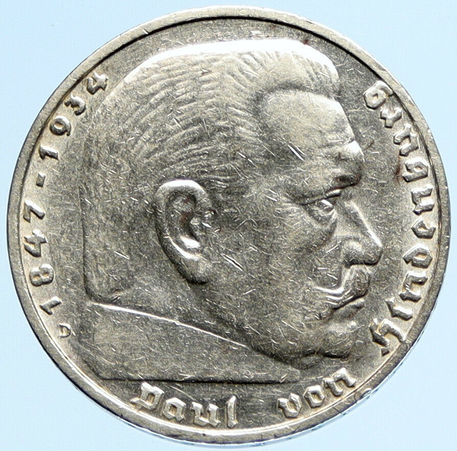 1936 D Germany 2 President Paul von Hindenburg Silver German 5 Mark Coin i97178