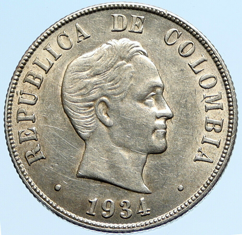 1934 COLUMBIA Simon Bolivar Eagle Shield ANTIQUE Silver 50 Centavos Coin i97176