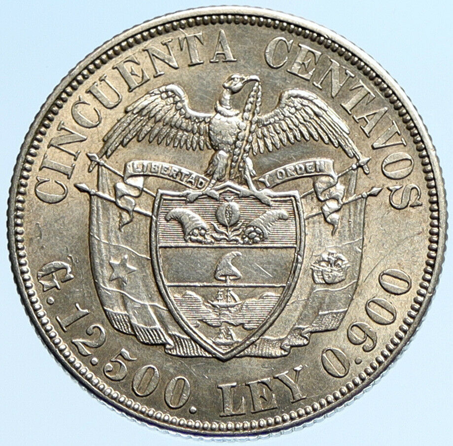 1934 COLUMBIA Simon Bolivar Eagle Shield ANTIQUE Silver 50 Centavos Coin i97176