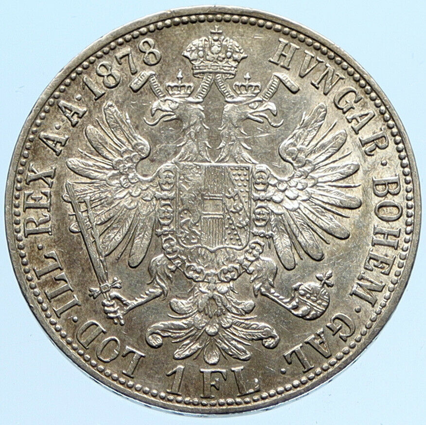 1878 AUSTRIA King FRANZ JOSEPH I Vintage Antique OLD Silver Florin Coin i97293