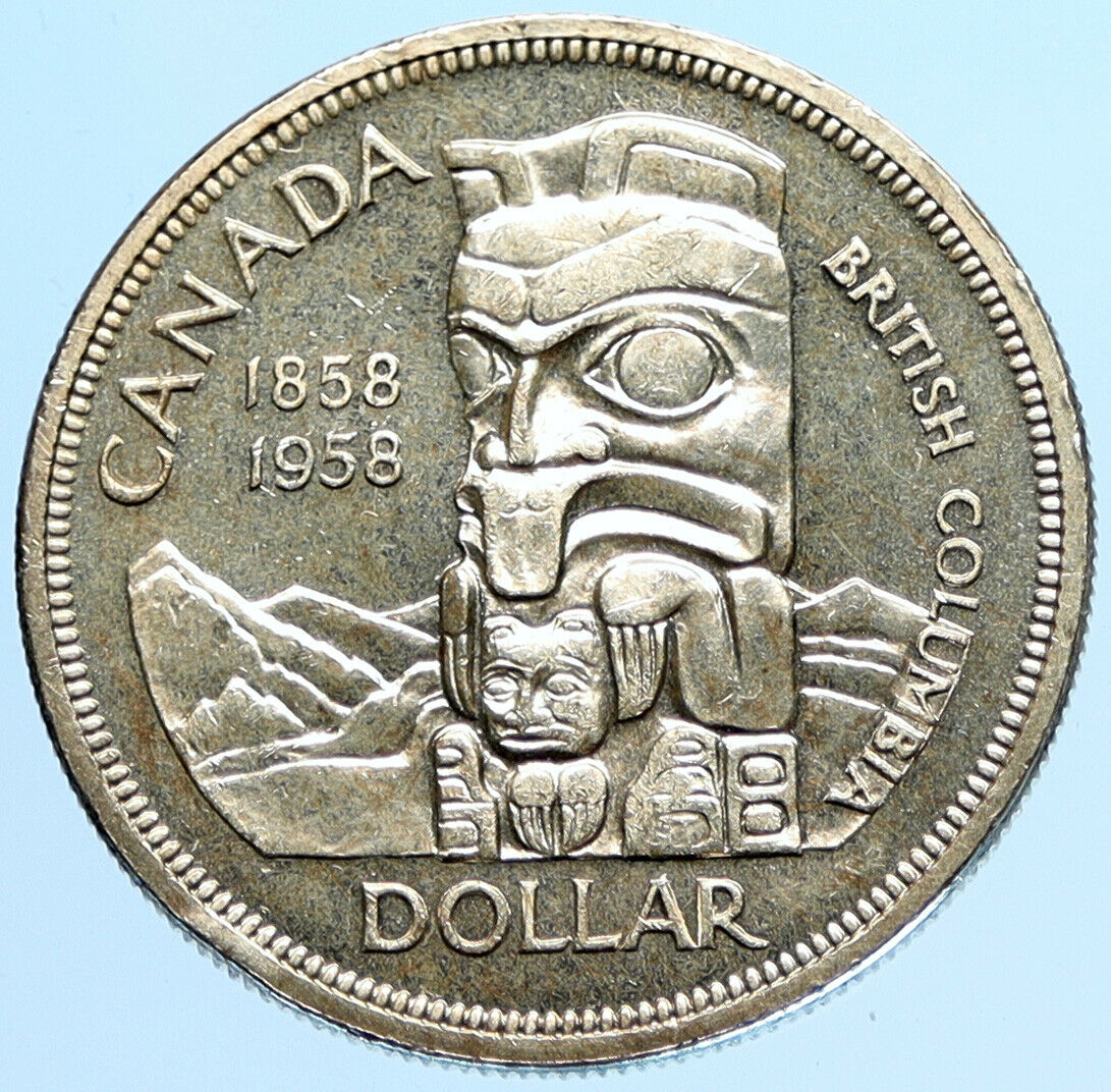 1958 CANADA British Columbia Centennial Totem Pole Large OLD Silver Coin i97773