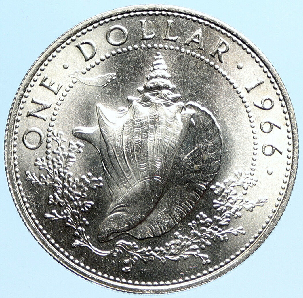 1966 BAHAMAS British Queen Elizabeth II w CONCH SHELL Silver Dollar Coin i97769