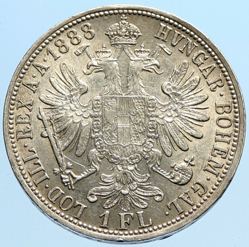 1888 AUSTRIA King FRANZ JOSEPH I Vintage OLD Antique Silver Florin Coin i97302