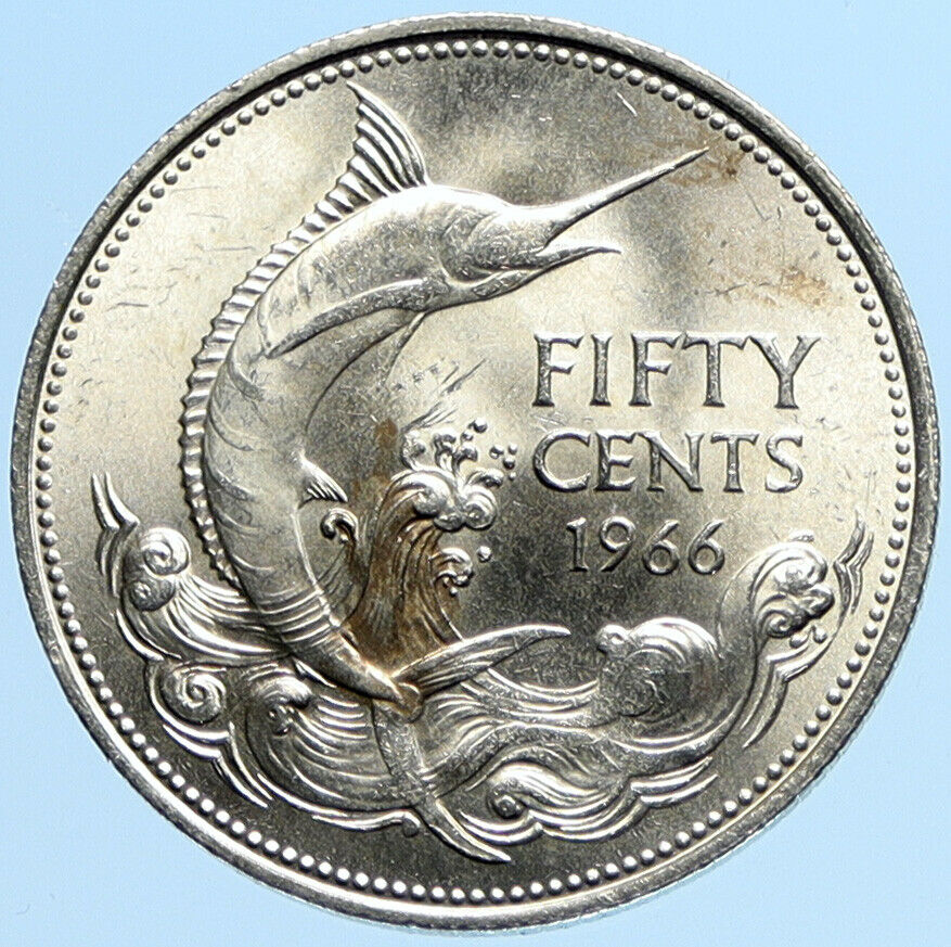 1966 BAHAMAS UK Queen Elizabeth II and Marlin FISH Silver Coin 50 Cents i97771