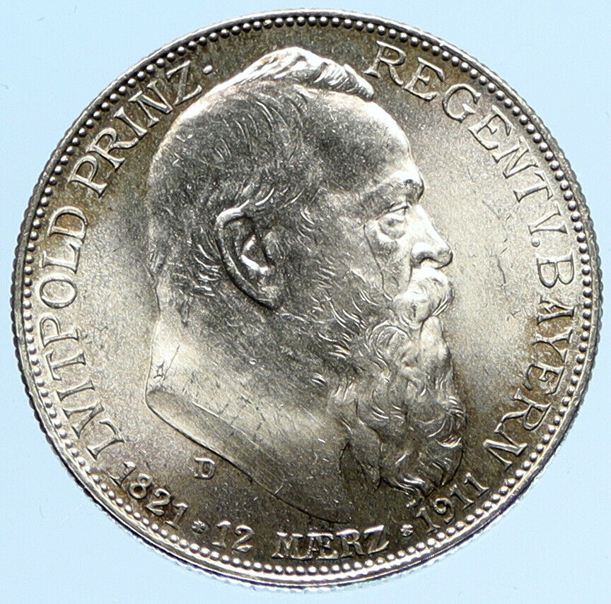 1911 GERMANY Bavaria Otto I w PRINCE LUITPOLD Antique Silver 2 Marks Coin i97288