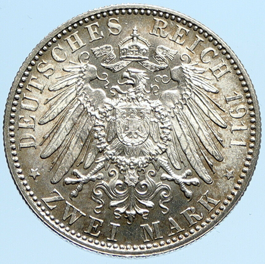 1911 GERMANY Bavaria Otto I w PRINCE LUITPOLD Antique Silver 2 Marks Coin i97288