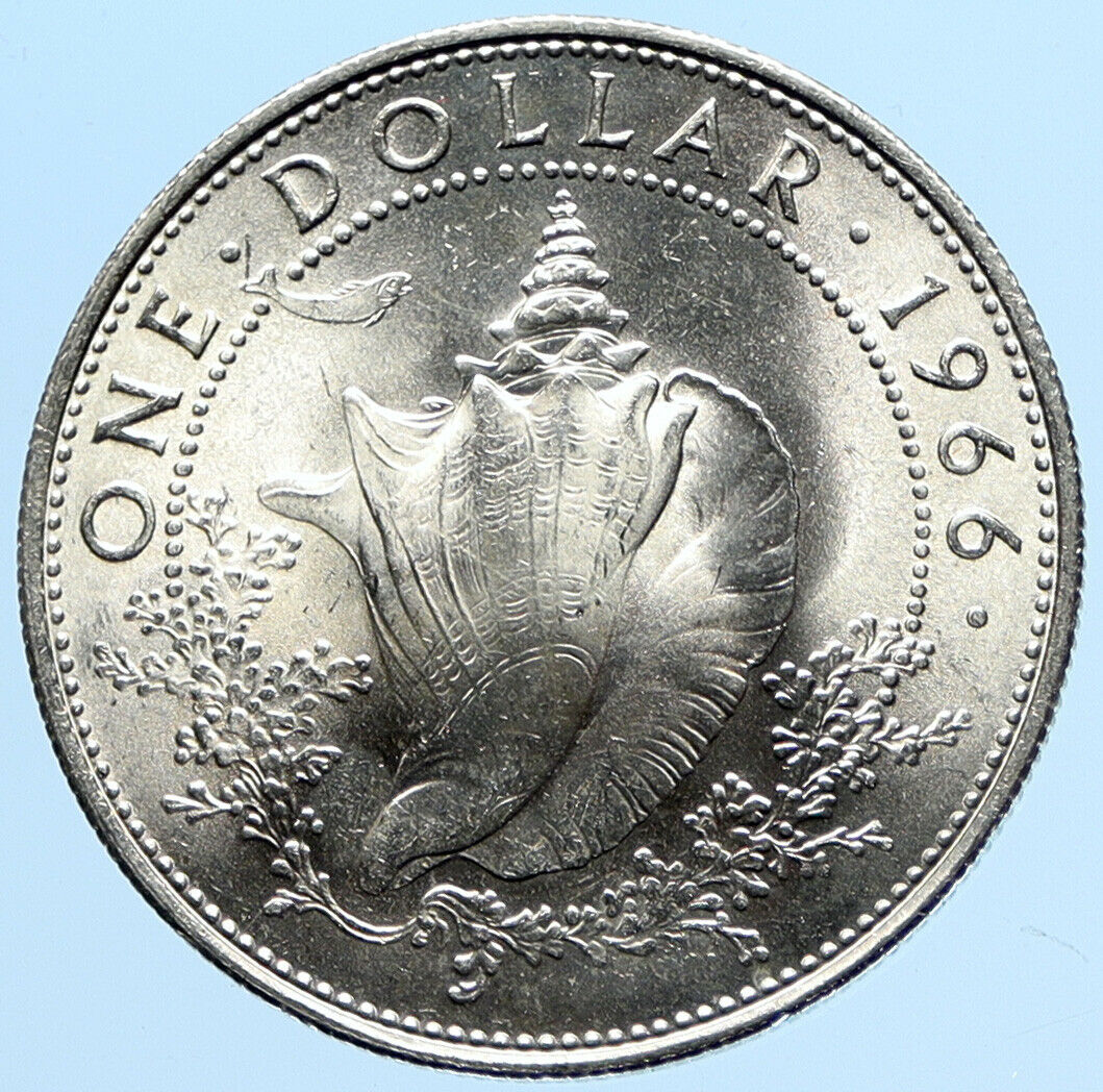 1966 BAHAMAS British Queen Elizabeth II w CONCH SHELL Silver Dollar Coin i97770