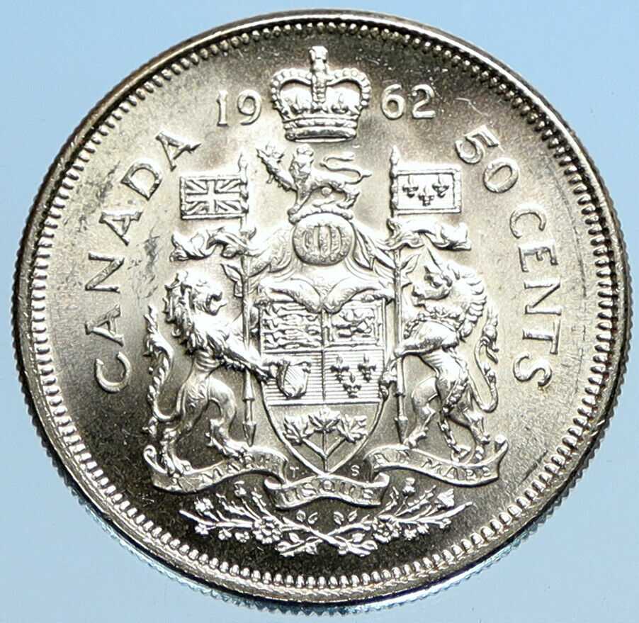 1962 CANADA Queen Elizabeth II Arms Crown VINTAGE SILVER 50 Cents Coin i97796