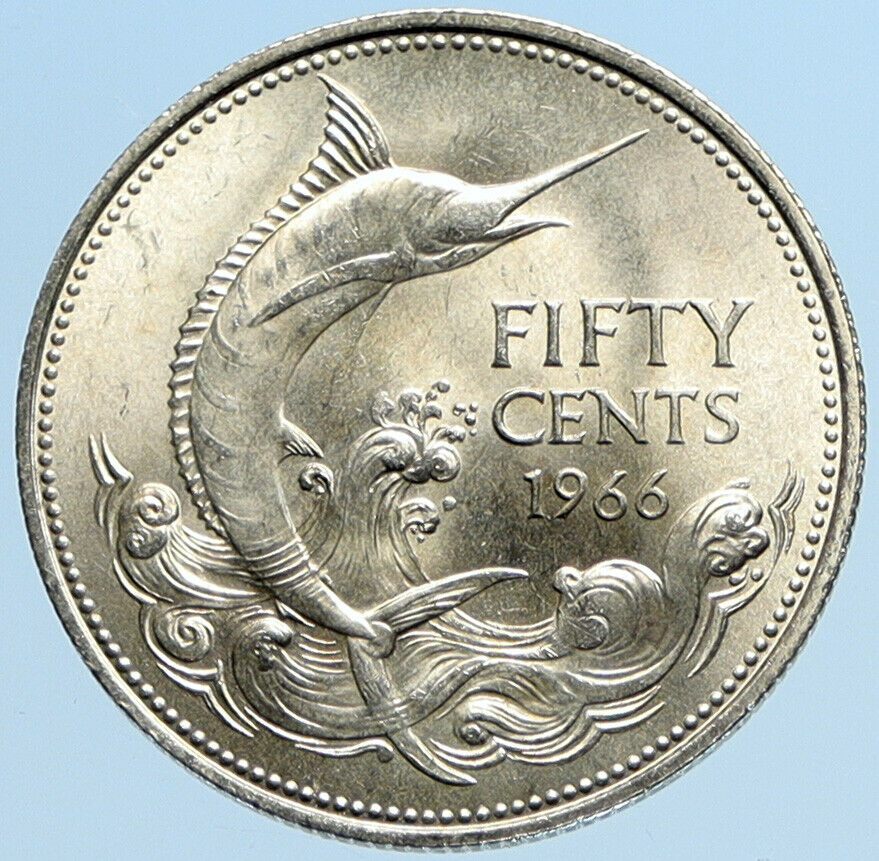 1966 BAHAMAS UK Queen Elizabeth II and Marlin FISH Silver Coin 50 Cents i97793