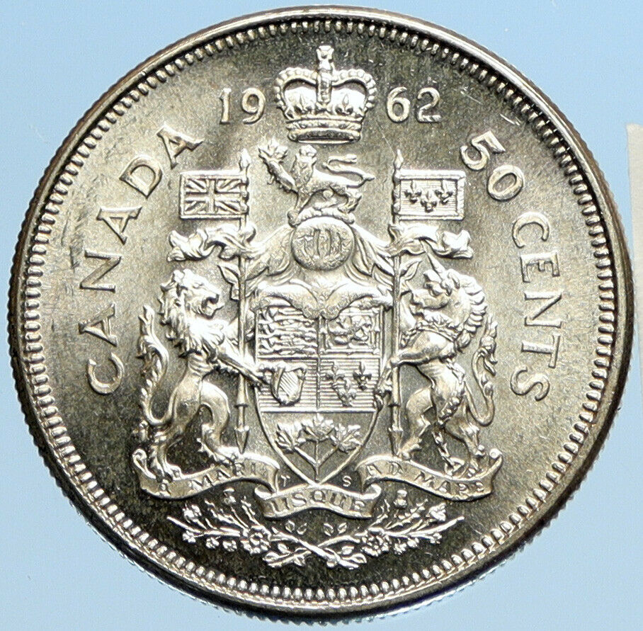 1962 CANADA Queen Elizabeth II Arms Crown VINTAGE SILVER 50 Cents Coin i97783