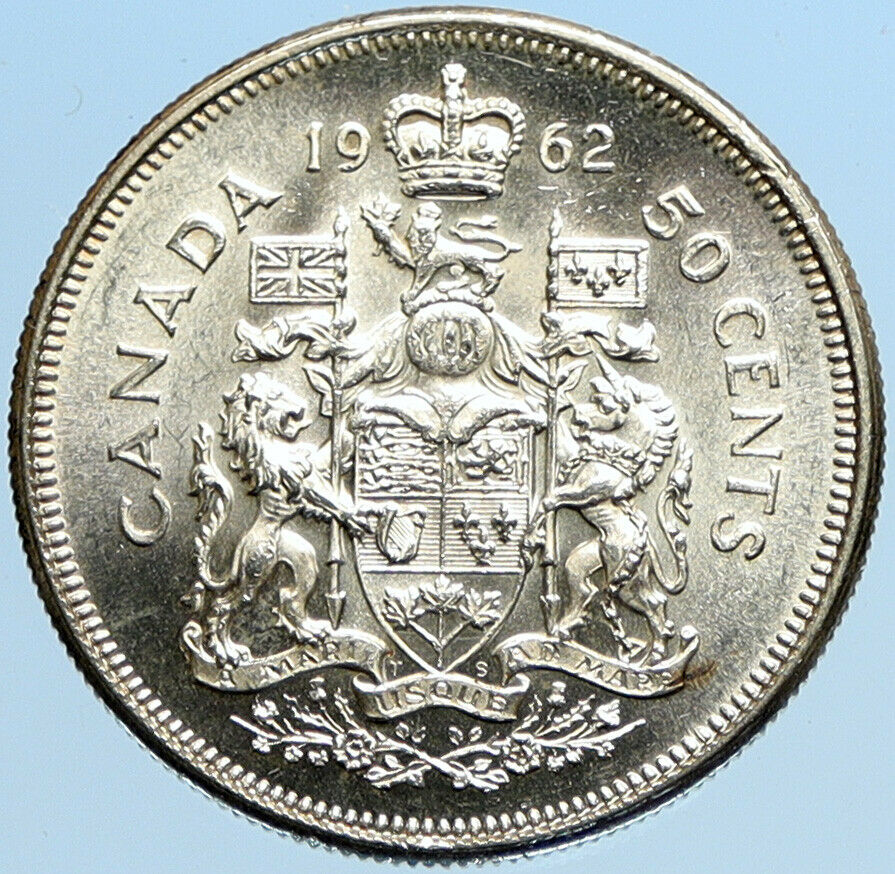 1962 CANADA Queen Elizabeth II Arms Crown VINTAGE SILVER 50 Cents Coin i97797