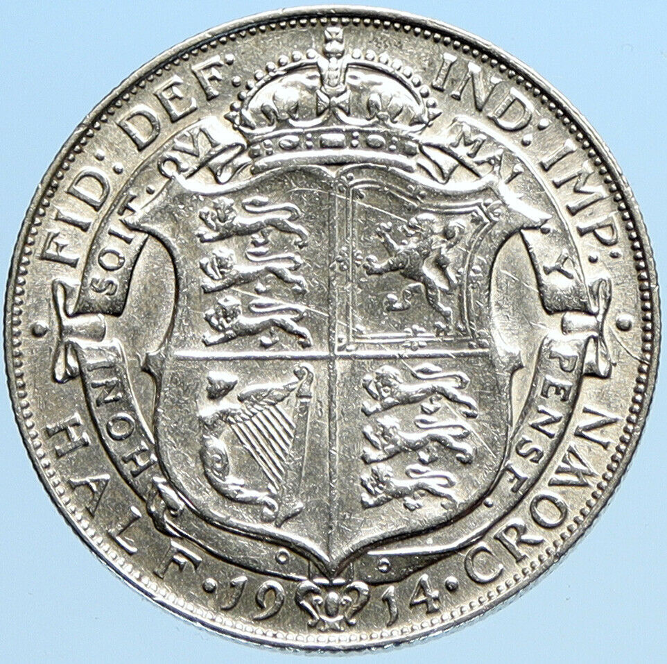 1914 Great Britain UK United Kingdom King George V SILVER 1/2 Crown Coin i97811