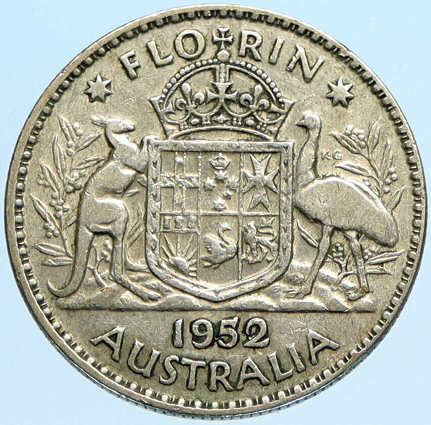 1952 AUSTRALIA UK King George VI Kangaroos Antique OLD Silver Florin Coin i97806