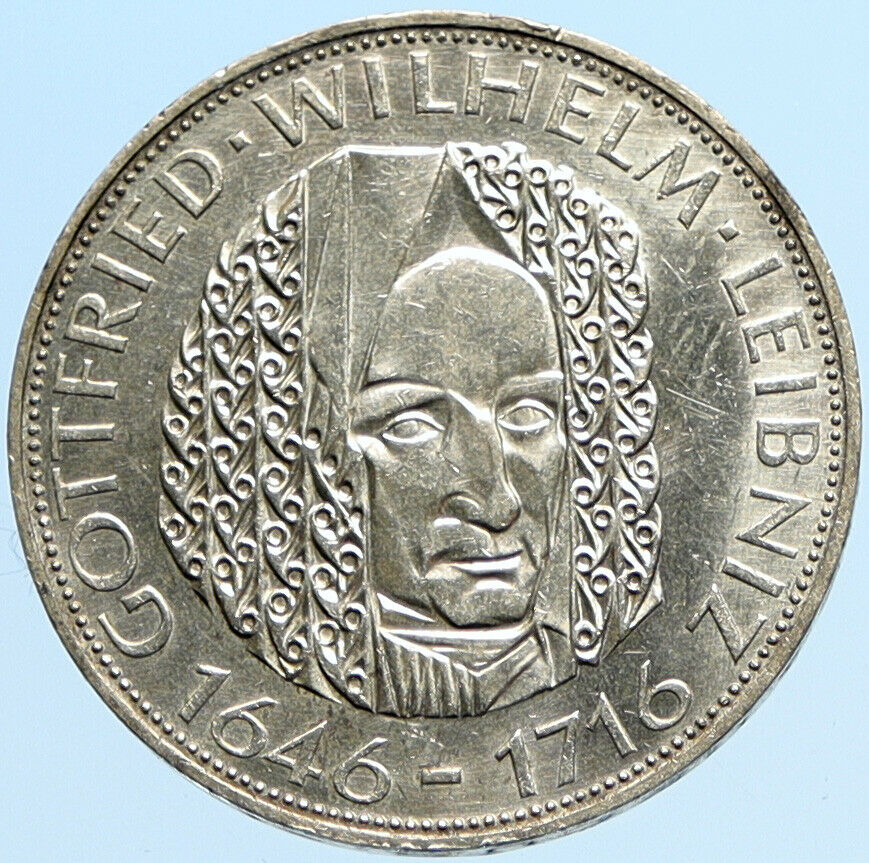 1966 D GERMANY Gottfried Wilhelm Leibniz Large 5 Mark Silver German Coin i97813