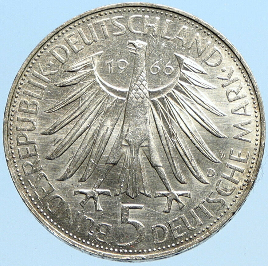 1966 D GERMANY Gottfried Wilhelm Leibniz Large 5 Mark Silver German Coin i97813