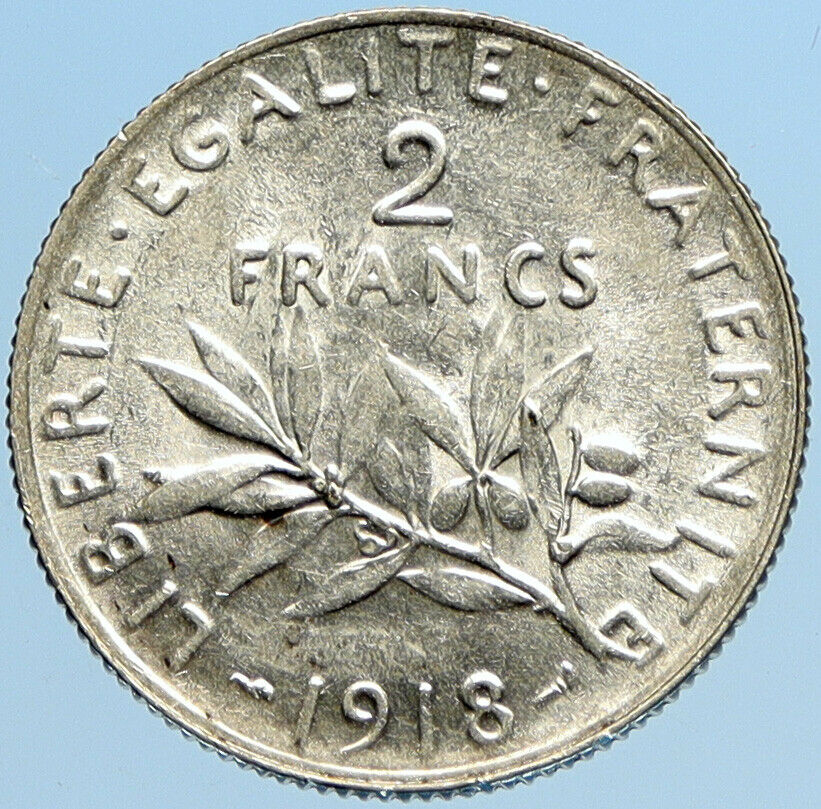 1918 FRANCE Antique Silver 2 Francs French Coin w La Semeuse Sower Woman i97804