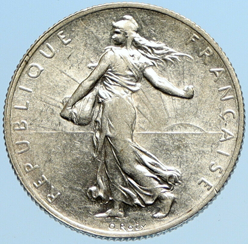 1918 FRANCE Antique Silver 2 Francs French Coin w La Semeuse Sower Woman i97804