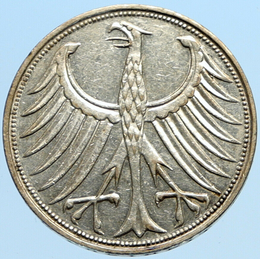 1951 G GERMANY Large 5 Mark Silver Vintage OLD Genuine Eagle German Coin i97815