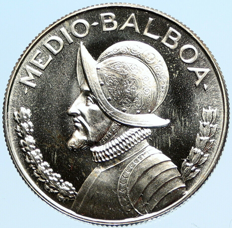 1966 PANAMA Spanish Conquistador Hero Genuine OLD Silver 1/2 BALBOA Coin i97808