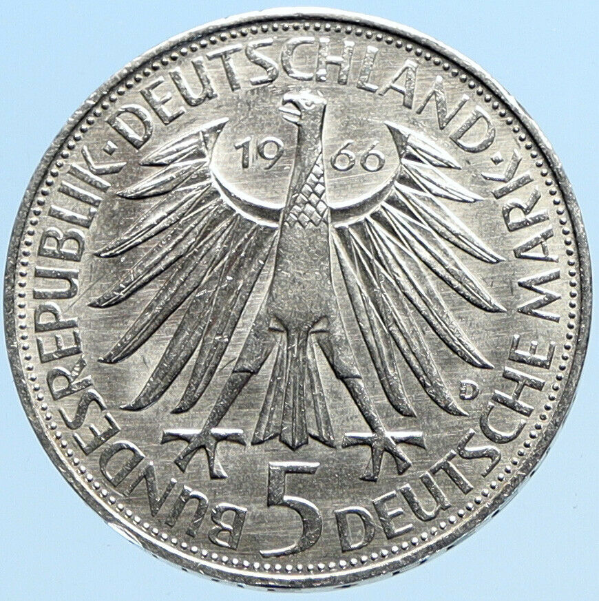 1966 D GERMANY Gottfried Wilhelm Leibniz Large 5 Mark Silver German Coin i97814