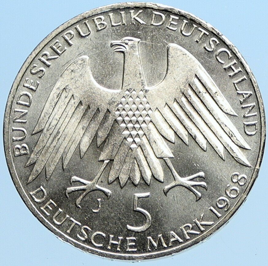 1968 J GERMANY Credit Union Friedrich Wilhelm Raiffeisen VINTAGE 5Mk Coin i97812