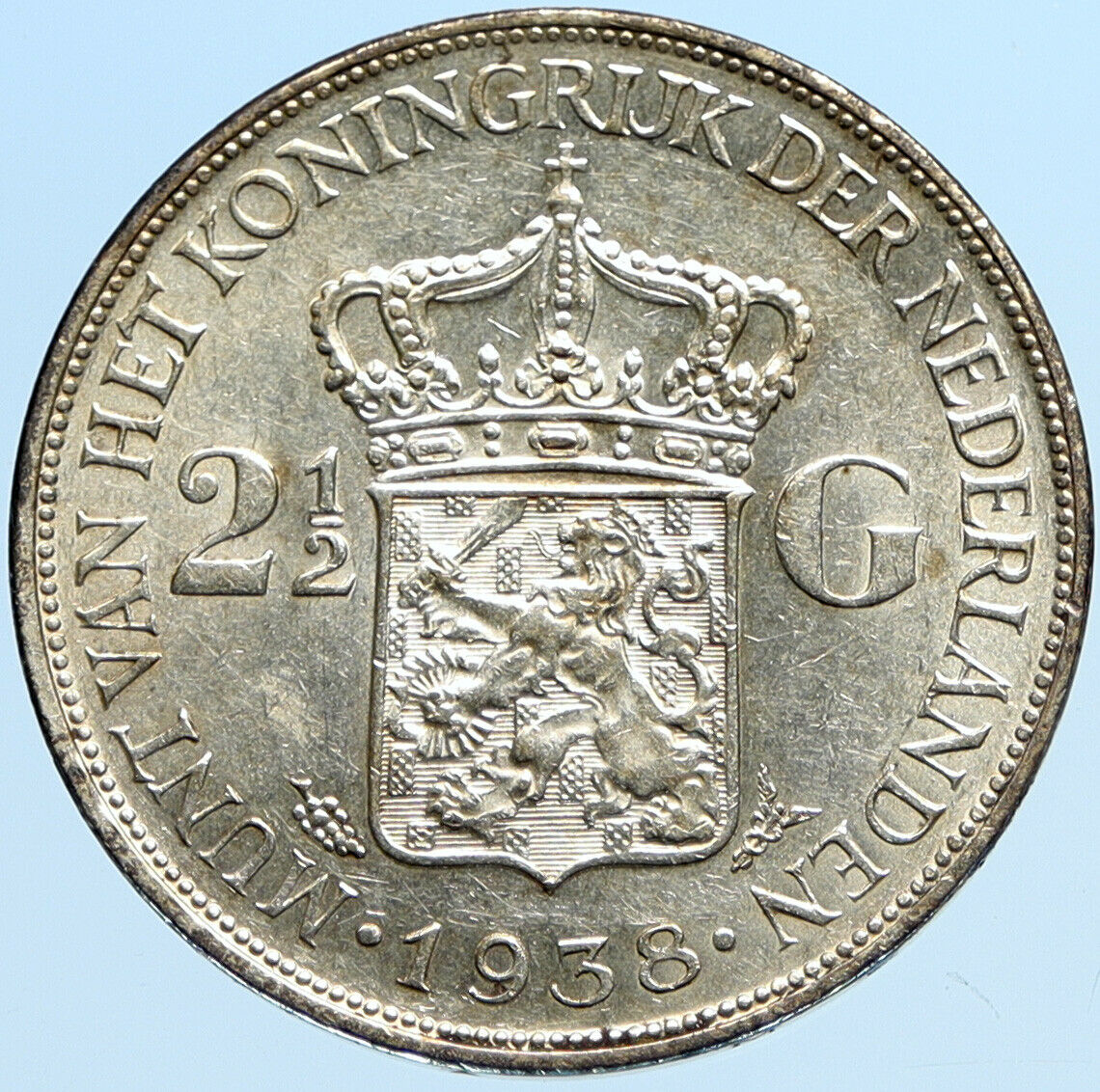 1938 NETHERLANDS Kingdom QUEEN WILHELMINA Old Silver 2 1/2 Gulden Coin i97818