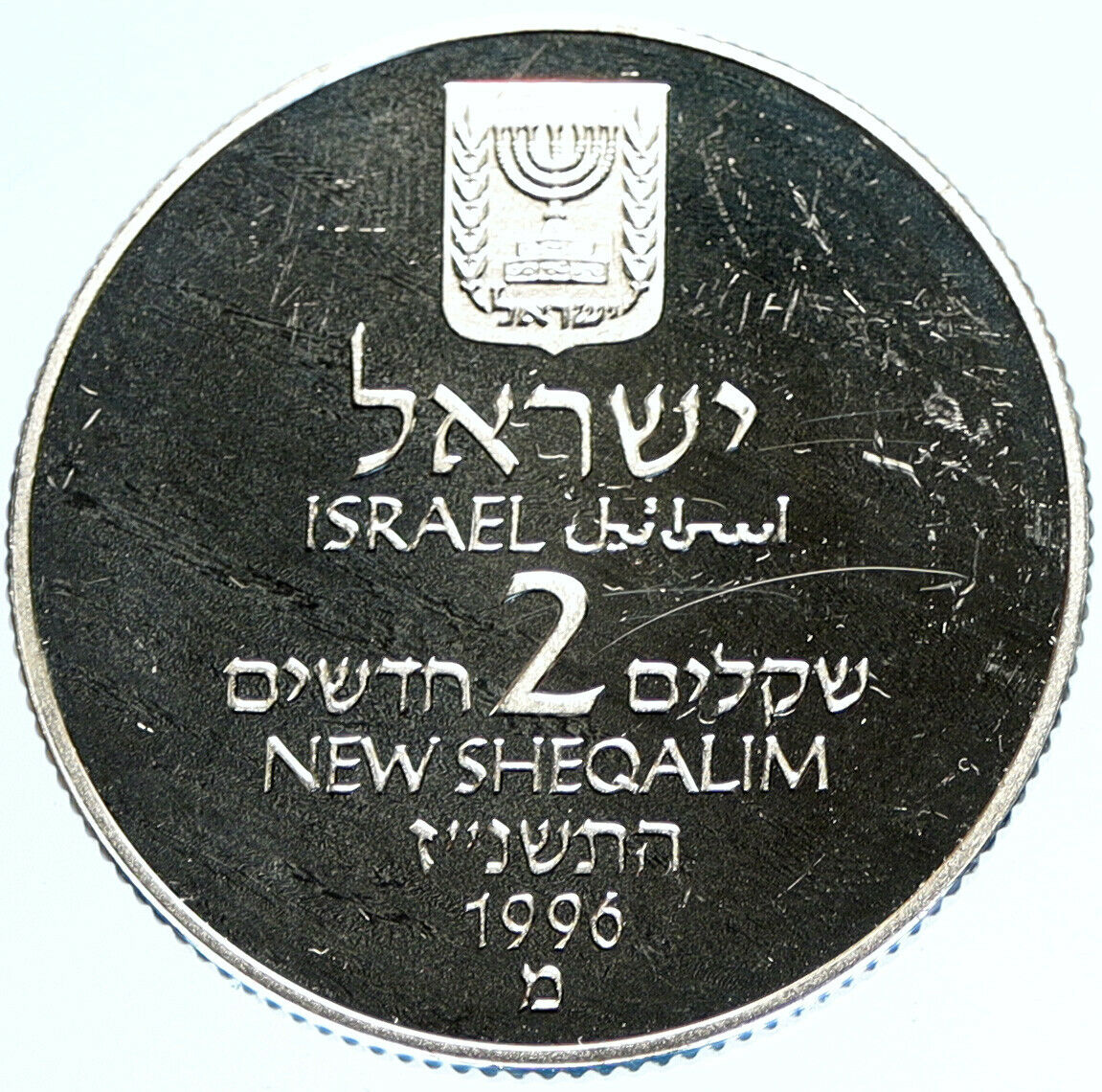 1996 ISRAEL Prime Minister Yitzhak Rabin VINTAGE PRF Silver 2 Shekel Coin i97800