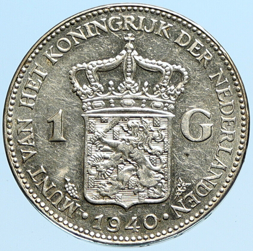 1940 Netherlands Kingdom w Queen WILHELMINA VINTAGE Silver 1 Gulden Coin i97820