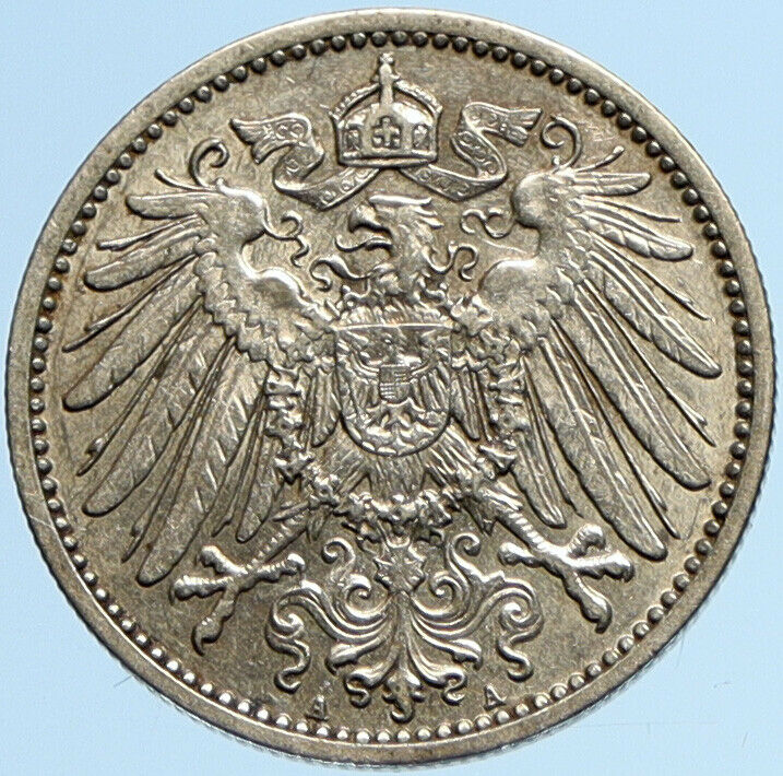 1909 A GERMANY WILHELM II Eagle Antique German Empire Silver 1 Mark Coin i97853