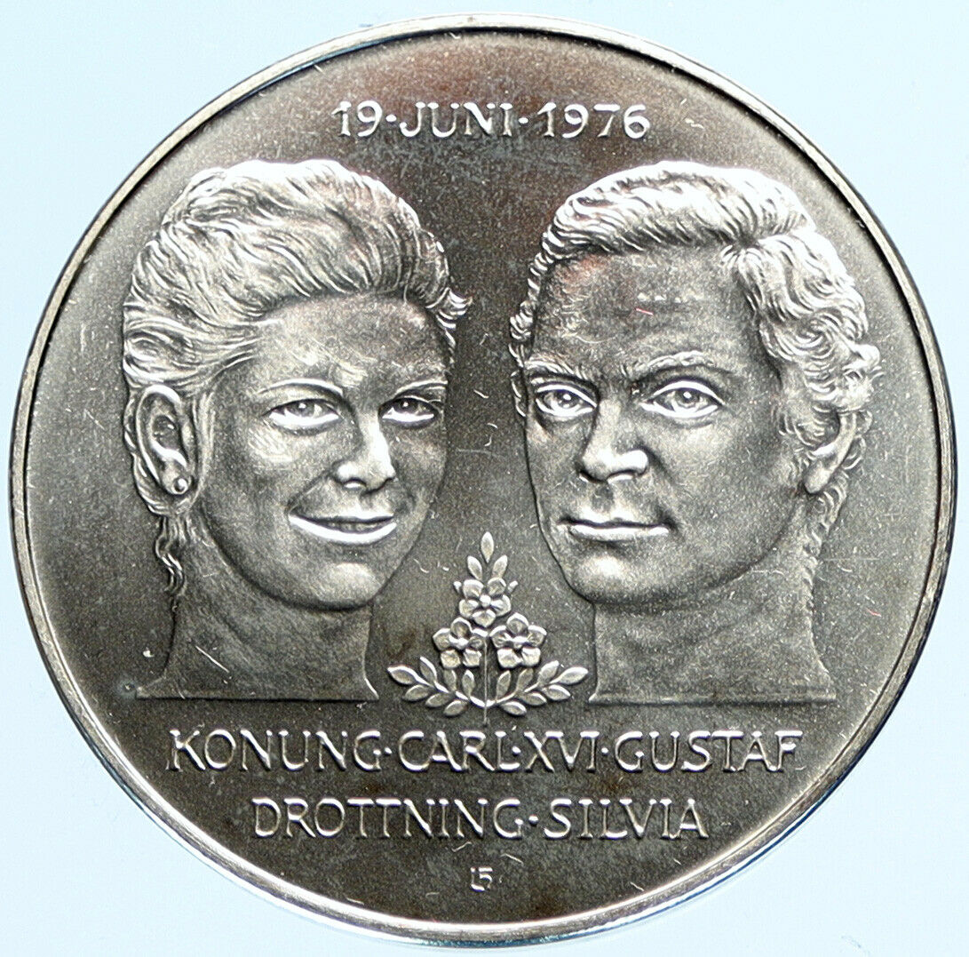 1976 SWEDEN King GUSTAF V Queen Silvia ROYAL WEDDING Silver 50 Kronr Coin i97829