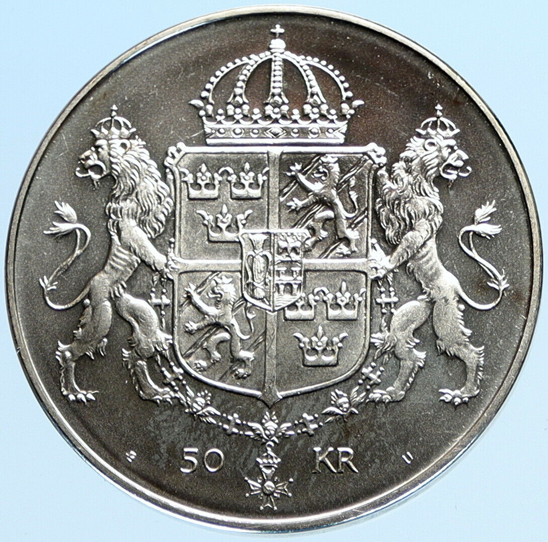 1976 SWEDEN King GUSTAF V Queen Silvia ROYAL WEDDING Silver 50 Kronr Coin i97829