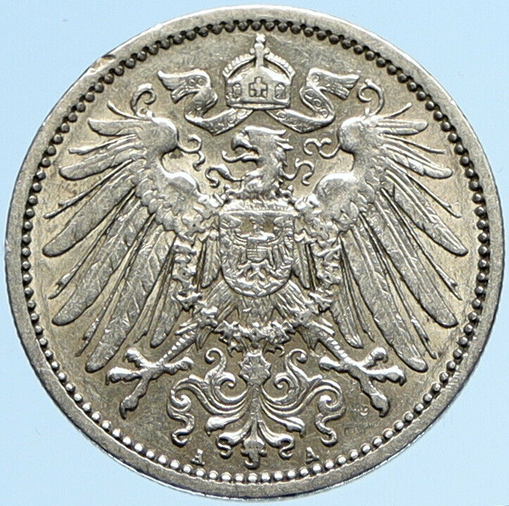 1911 A GERMANY WILHELM II Eagle Antique German Empire Silver 1 Mark Coin i97855