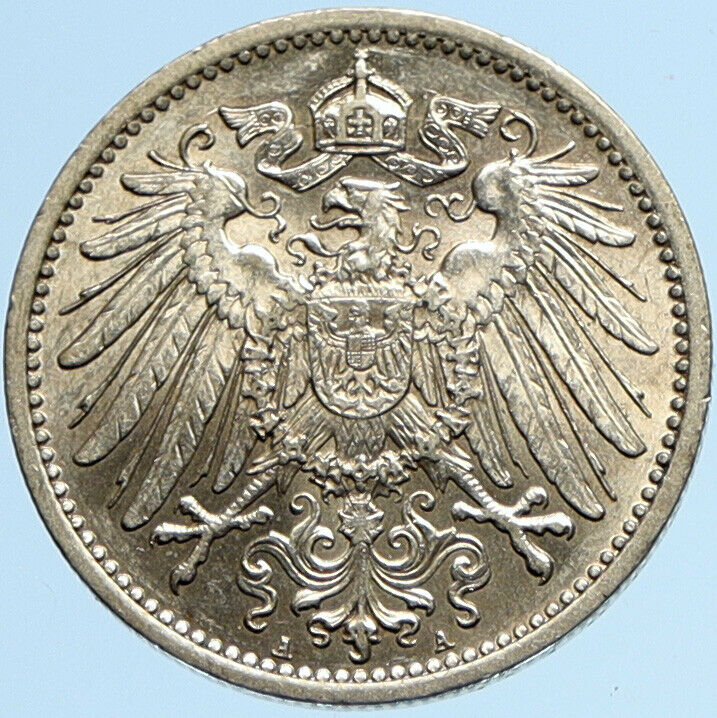 1907 A GERMANY WILHELM II Eagle Antique German Empire Silver 1 Mark Coin i97856