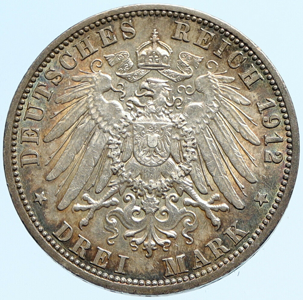 1912 PRUSSIA KINGDOM Germany WILHELM II Genuine Silver 3 Mark German Coin i97826