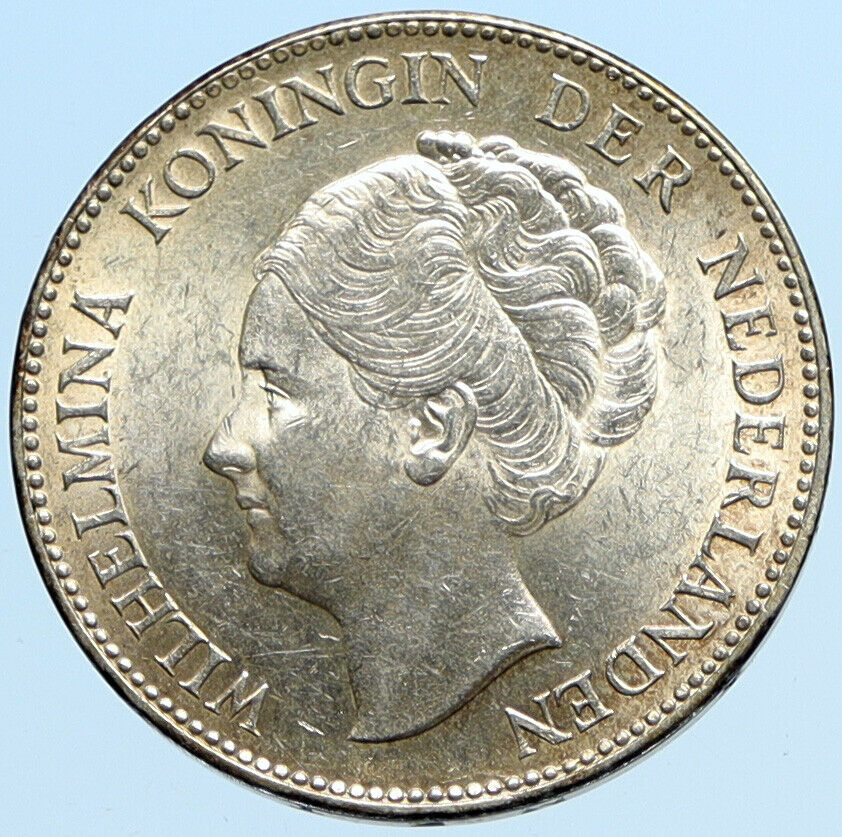 1940 Netherlands Kingdom w Queen WILHELMINA VINTAGE Silver 1 Gulden Coin i97821