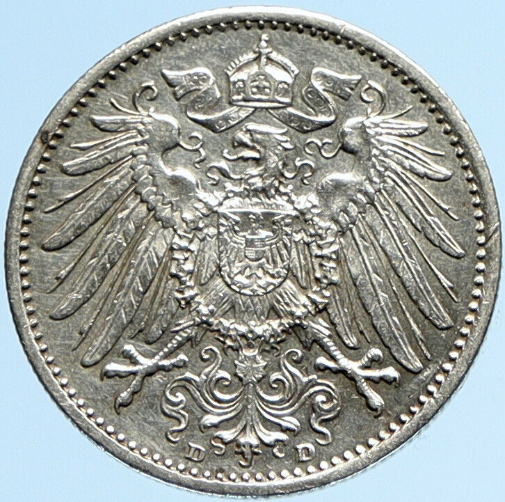 1915 D GERMANY WILHELM II Eagle Antique German Empire Silver 1 Mark Coin i97847