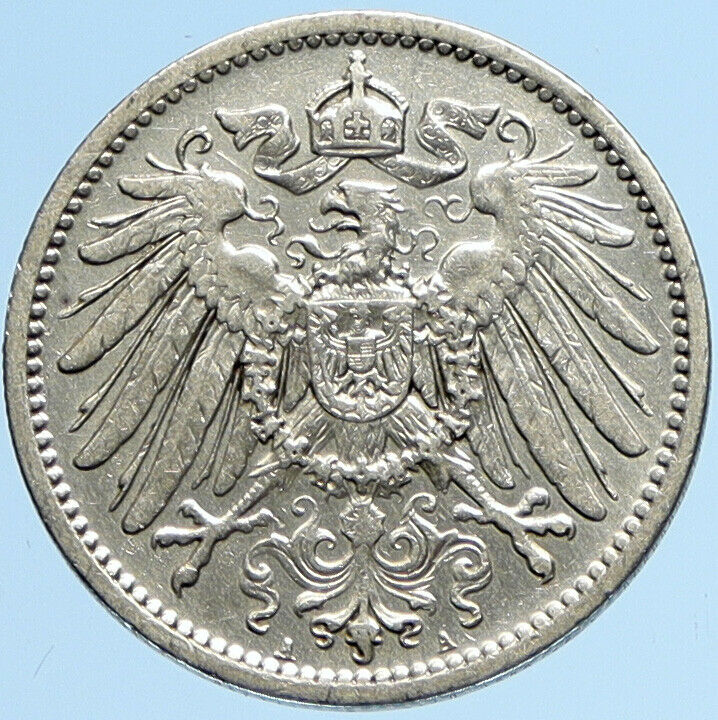 1915 A GERMANY WILHELM II Eagle Antique German Empire Silver 1 Mark Coin i97850