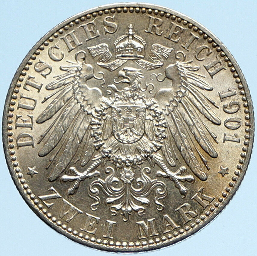 1901A Germany PRUSSIA KINGDOM Wilhelm II & Frederick I Silver 2 Mark Coin i98356