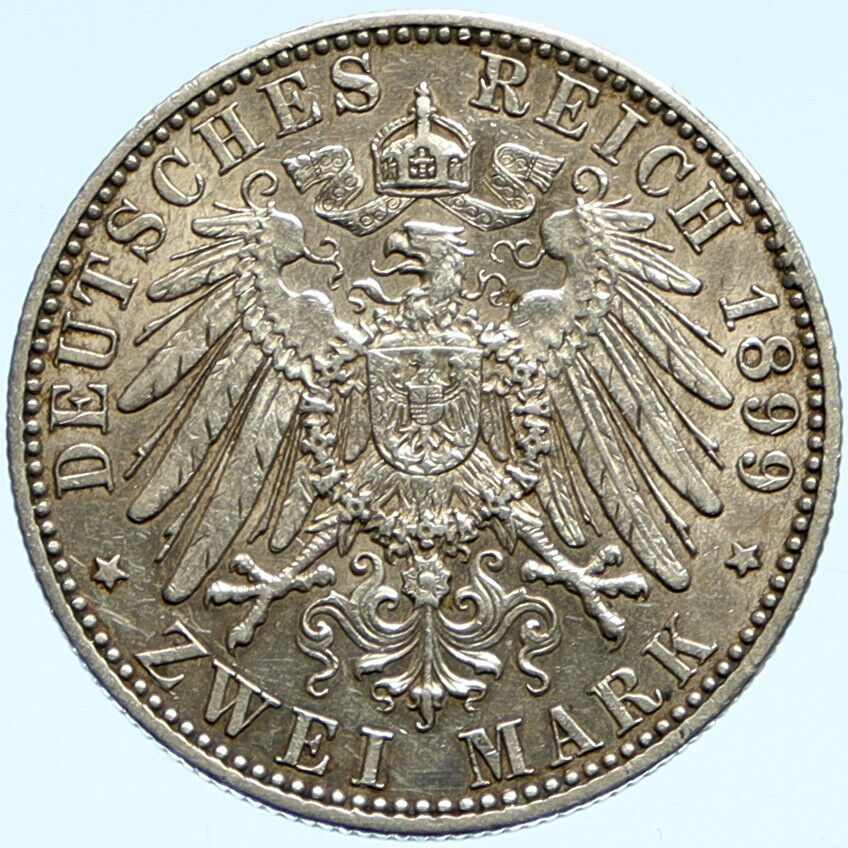 1899 PRUSSIA KINGDOM Germany WILHELM II Antique Silver 2 Mark German Coin i98819