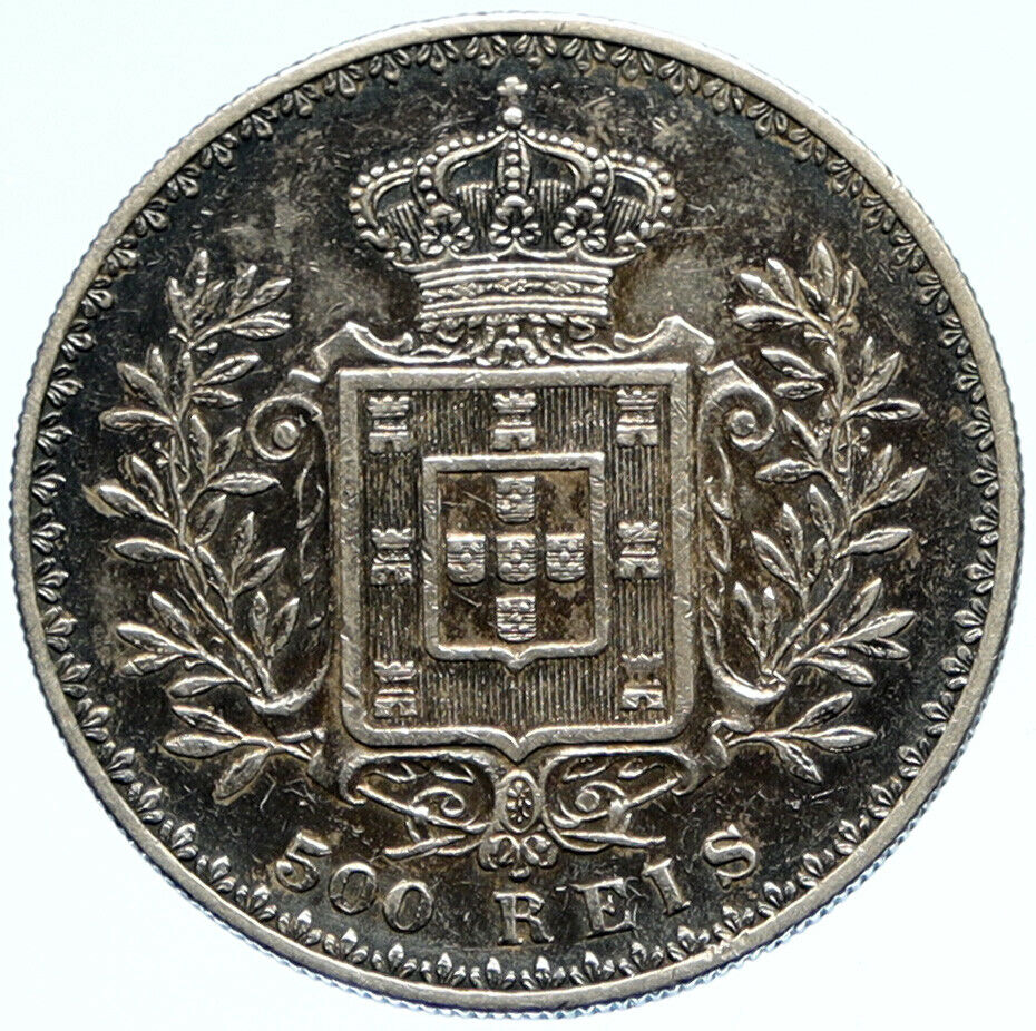 1892 PORTUGAL King Carlos I Antique OLD Silver 500 Reis Portuguese Coin i98818