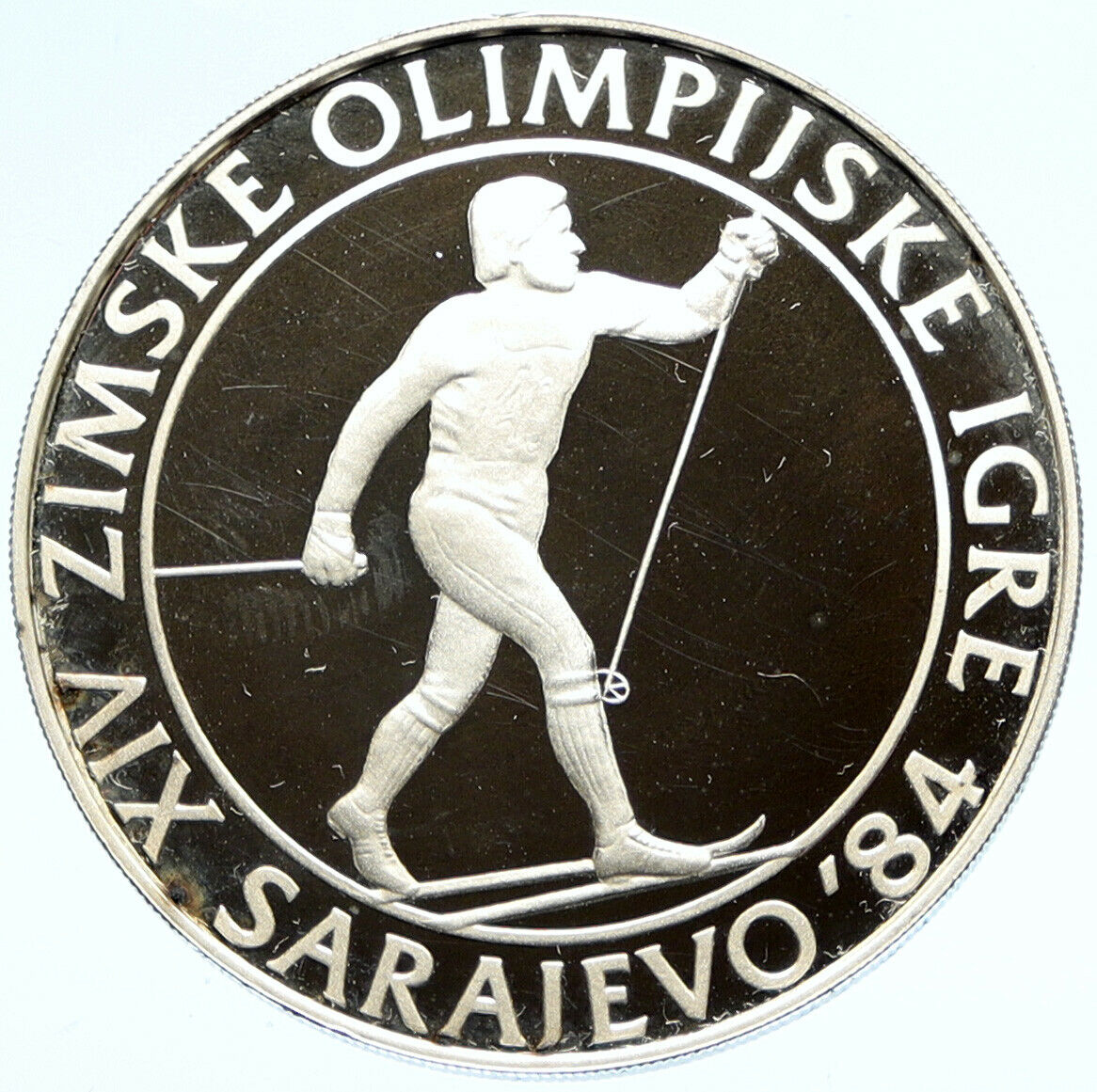 1984 YUGOSLAVIA '84 Winter Olympics SARAJEVO Skier Proof Silver 500D Coin i98815