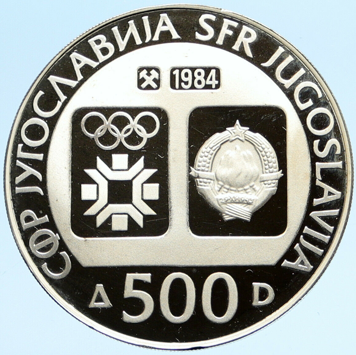 1984 YUGOSLAVIA '84 Winter Olympics SARAJEVO Skier Proof Silver 500D Coin i98815