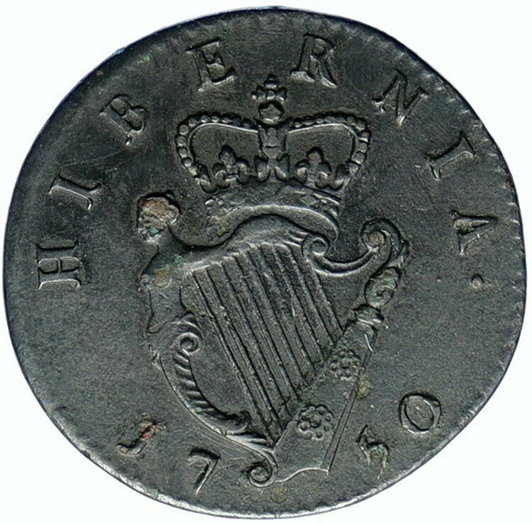 1750 IRELAND UK King George II Antique Lyre VINTAGE OLD 1/2 Penny Coin i99752