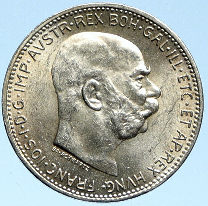 1915 AUSTRIA w KING FRANZ JOSEPH I Eagle VINTAGE Old Silver Corona Coin i99153