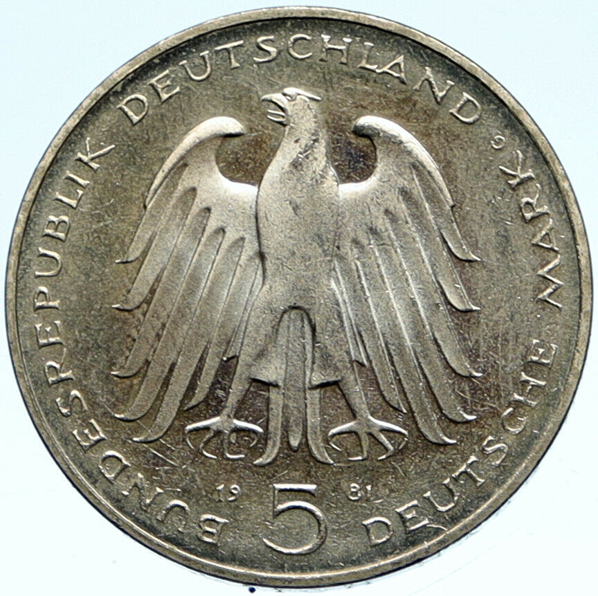 1981 GERMANY Carl Reichsfreiherr vom Stein VINTAGE OLD 5 Mark German Coin i99243