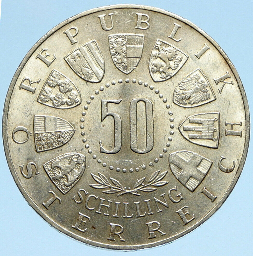 1963 AUSTRIA Tyrol and Austrian Shields ANTIQUE Silver 50 Shilling Coin i98902