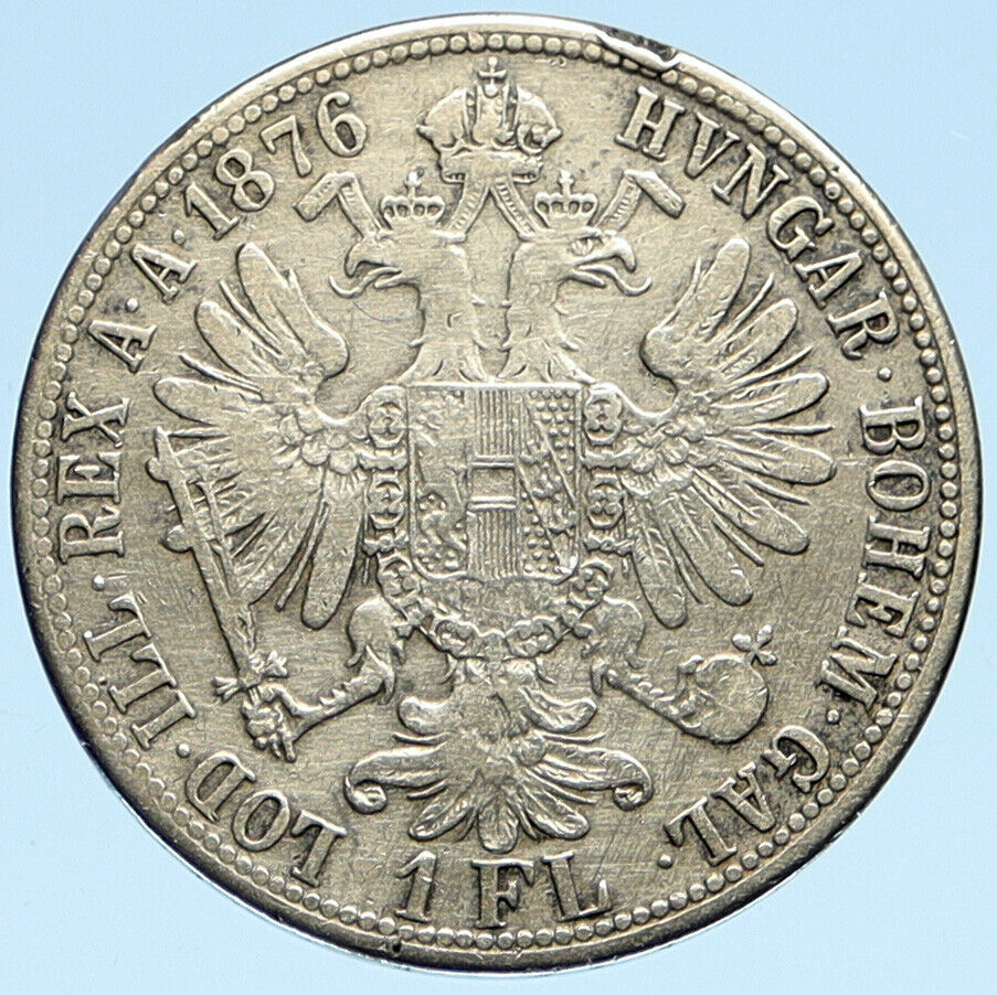 1876 AUSTRIA King FRANZ JOSEPH I Vintage Antique OLD Silver Florin Coin i98906