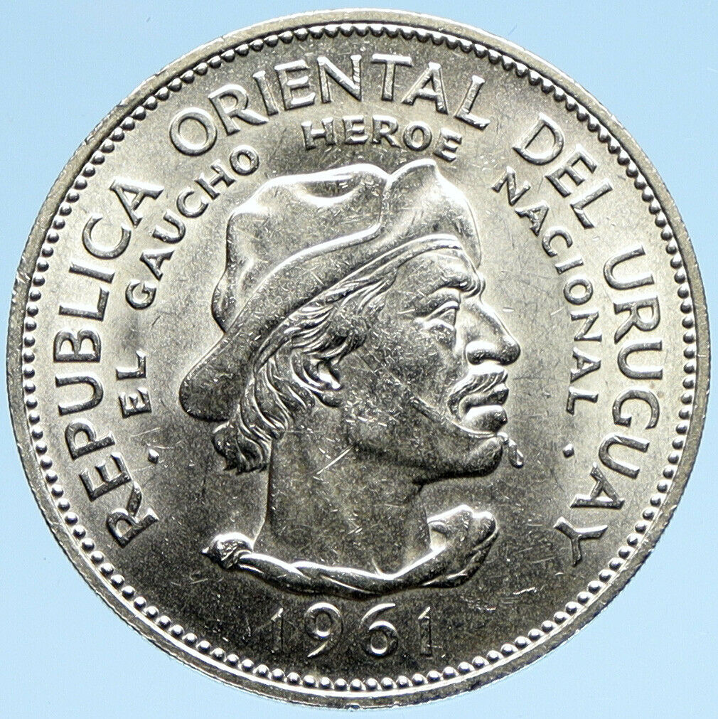 1961 URUGUAY w El Caucho Hero Against Spain ANTIQUE Silver 10 Pesos Coin i98904