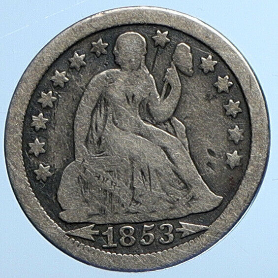 1853 UNITED STATES US Silver SEATED LIBERTY Vintage Antique Dime Coin i111015